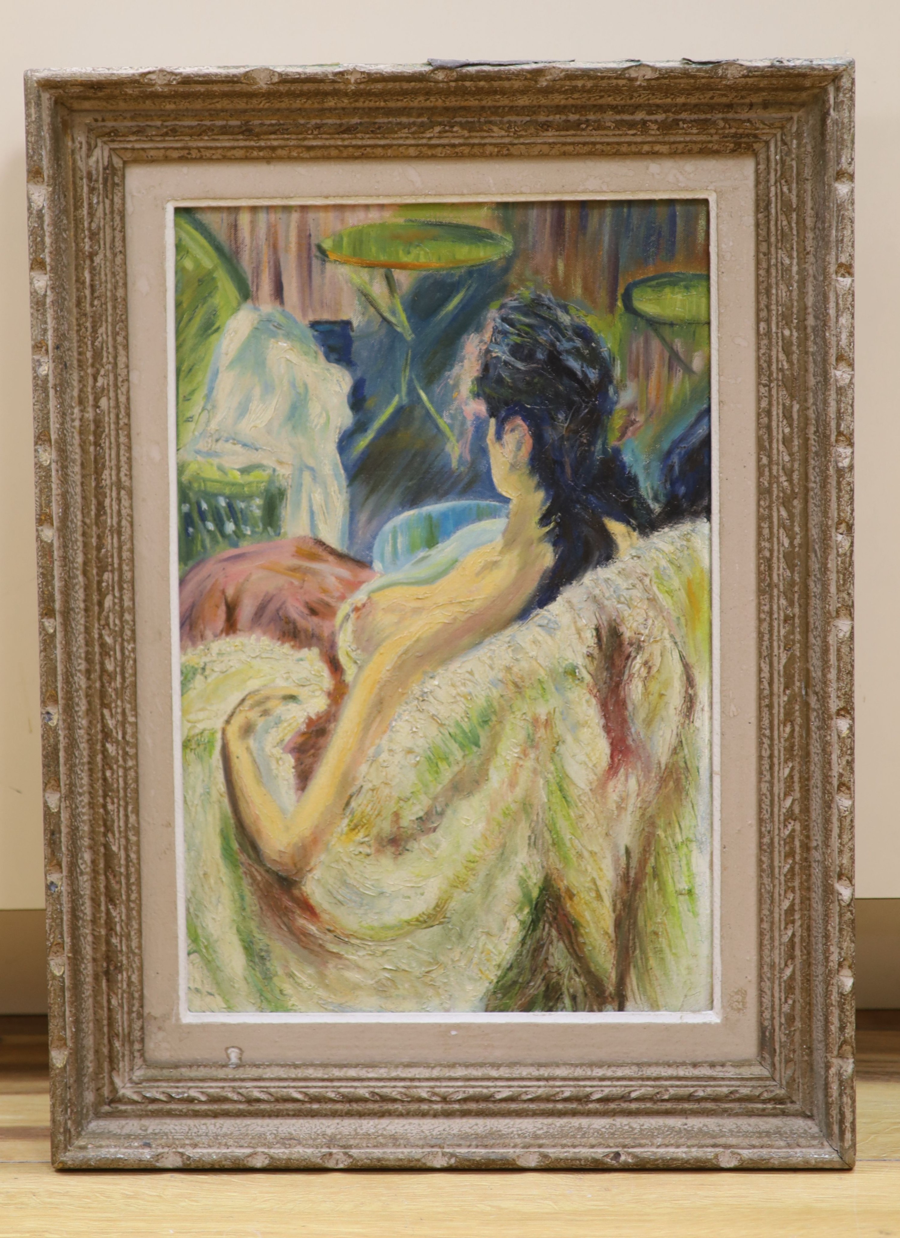 1950's French School, oil on canvas, Interior with seated woman, 40 x 26cm